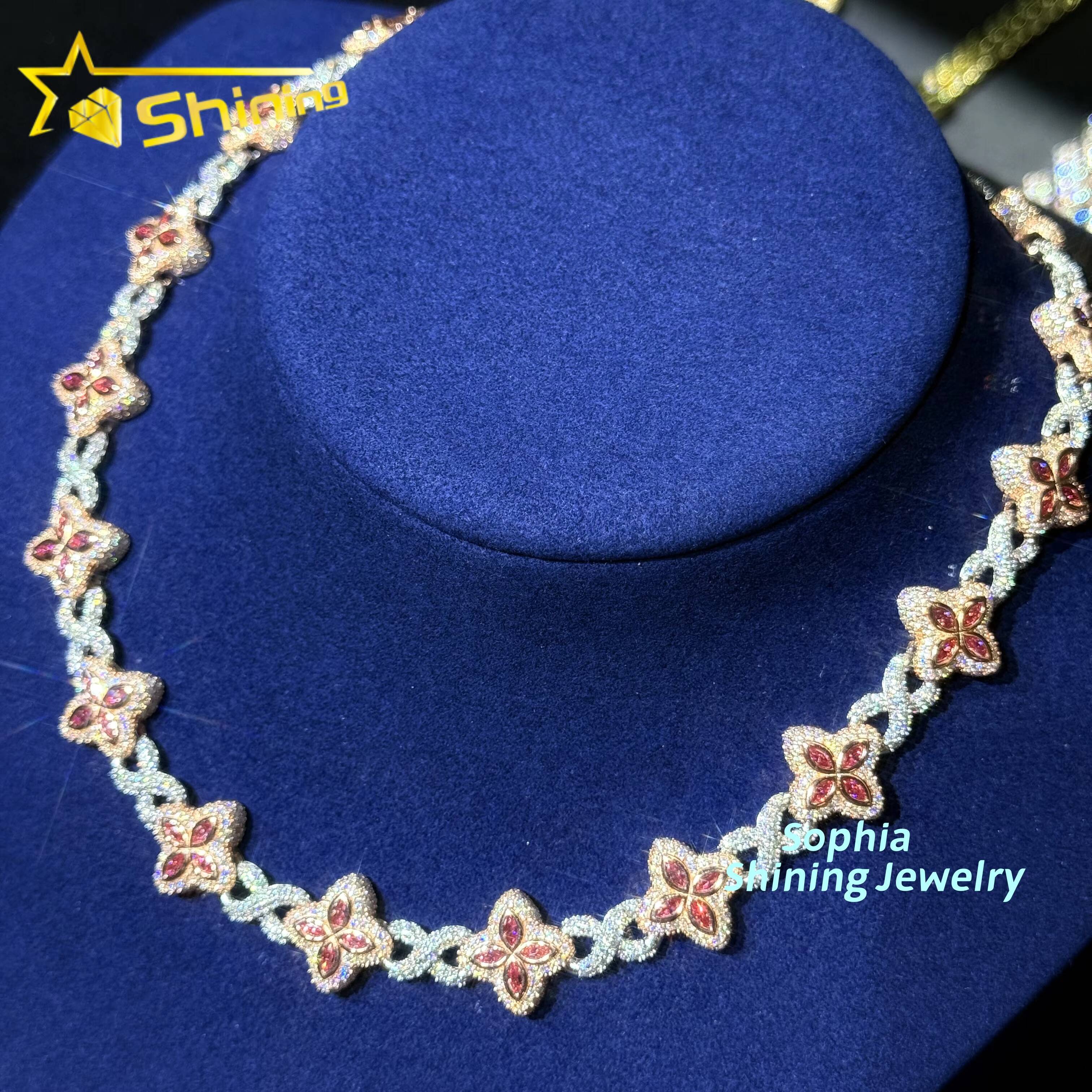 Unique Hip Hop Jewelry 15mm Fashion Clover Design VVS Pink Moissanite Diamond Custom 925 Silver Iced Out Infinity Cuban Chain