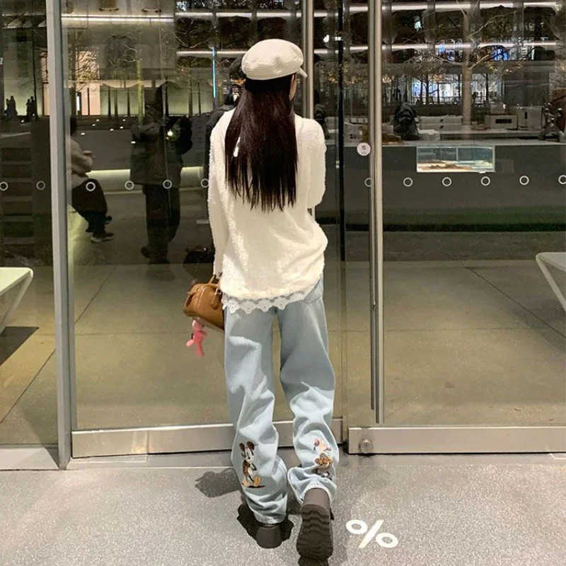 Disney Mickey girls cute spring and autumn soft comfortable fashion cartoon personality trend casual straight light blue jeans H251027