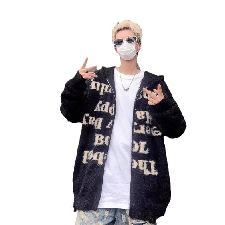 American Style Designer Sweater Lazy Ripped Hooded Knitted Cardigan Sweater Unisex High Street Loose Couple Zipper Fuzzy Coat