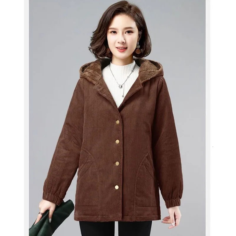 Women Corduroy Jackets Autumn Winter Solid Loose Coat Female Casual MiddleAged Plus Velvet Warm Hooded Ladies Overcoat 251027