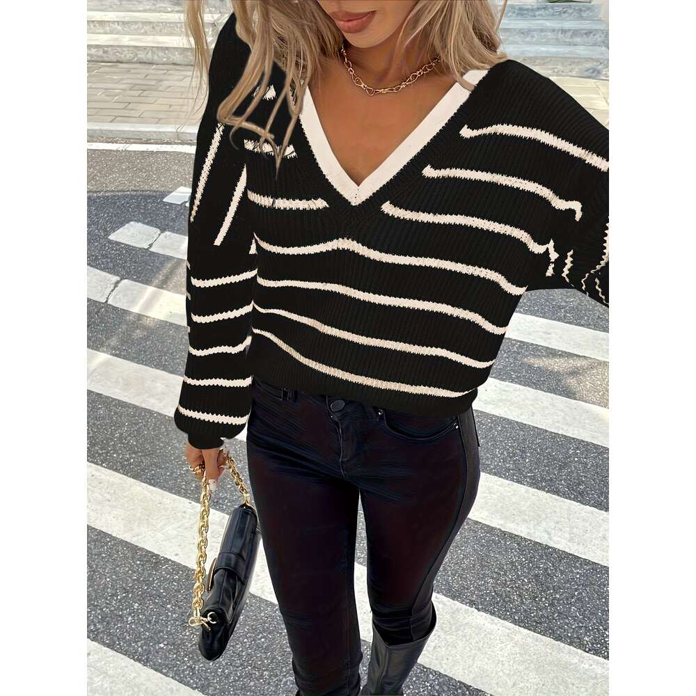 Elegant French-Inspired Elegant French-Inspired Women's V-Neck Sweater Striped Tie-Back Pullover Long Sleeve Button-Up Front Loose Fit Casual Win