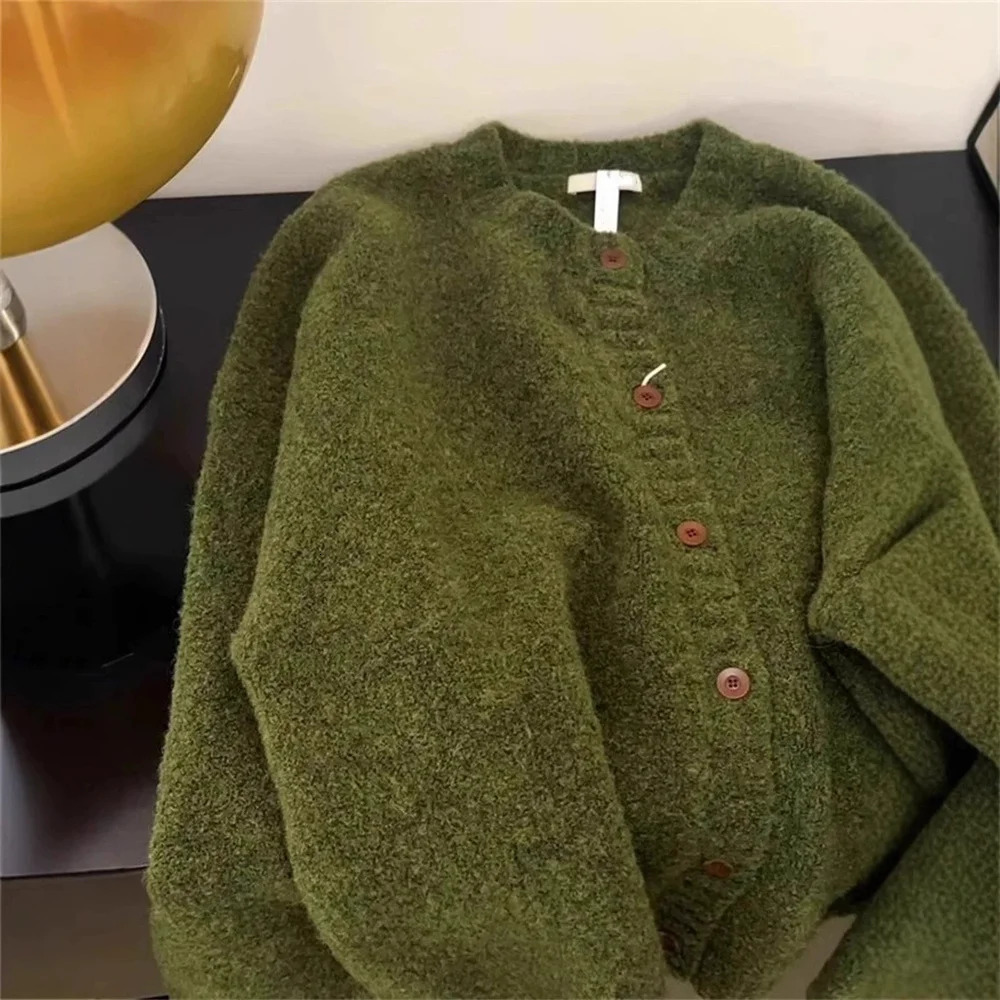 Retro Green Knitted Cardigan Womens Autumn Winter Round Neck Single Breasted Soft Thick Sweater Loose Casual Basic Coat 251027