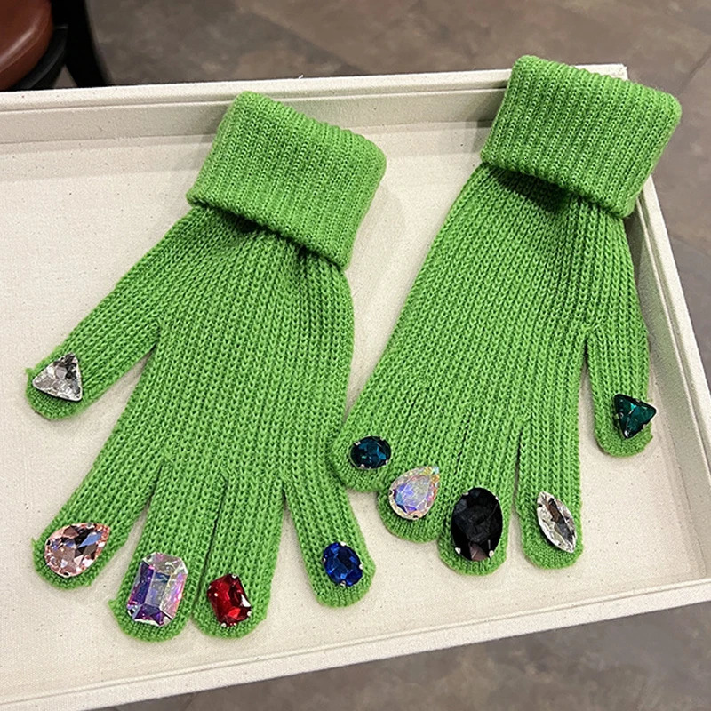 Women Gloves Cute Autumn Winter Ins Style Rhinestone Split Finger Knitted Gloves Korean Fashion Y2K 251024