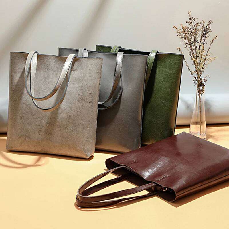 Designer Luxury New Large Capacity Female Split Leather Tote Bags Oil Wax Cowhide Lady Shopping Handbag Women Classic Solid Color Shoulder Bag