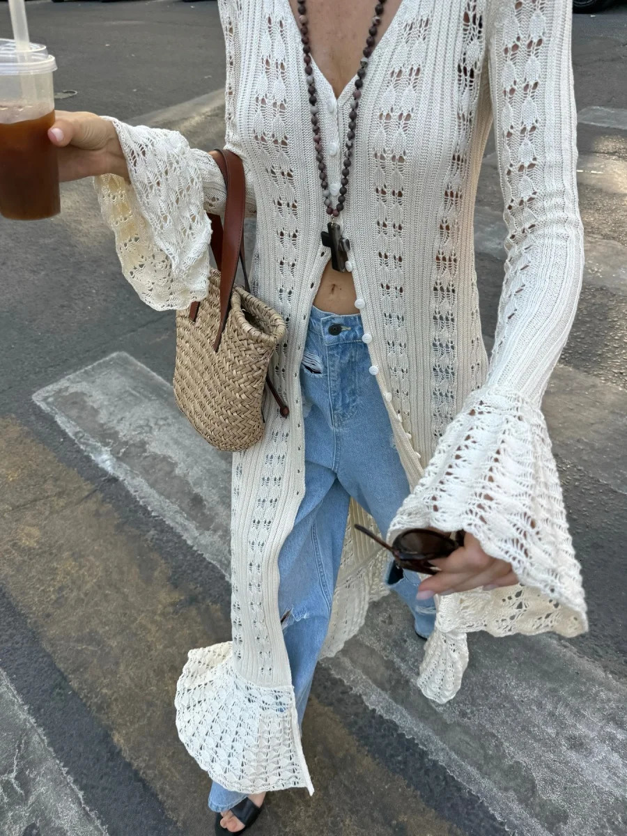 Puloru Hollowed Crochet Knit Long Cardigans for Women Ladies Autumn Chic Flare Sleeves V Neck Buttons Outwear for Streetwear 251027