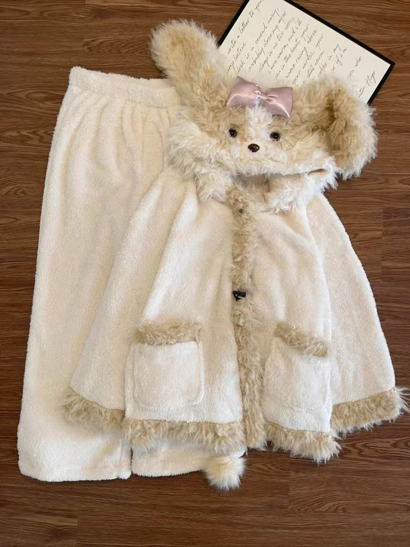 Winter Cute and Sweet Dog Two Piece Women Clothing Hooded Coral Velvet Pajama Home Set Hair Collar Warm Leisure 251027