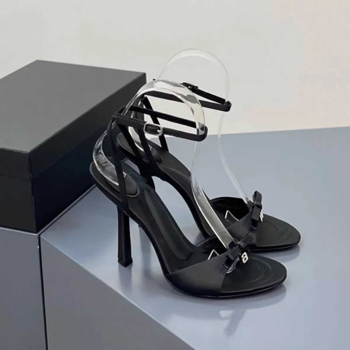 Elegant Satin Butterfly Knot High Heels Womens Sexy Diamd Letter Thin Heel Open Toe Sandals Rubber Sole round Toe MicrofiberXJ251027