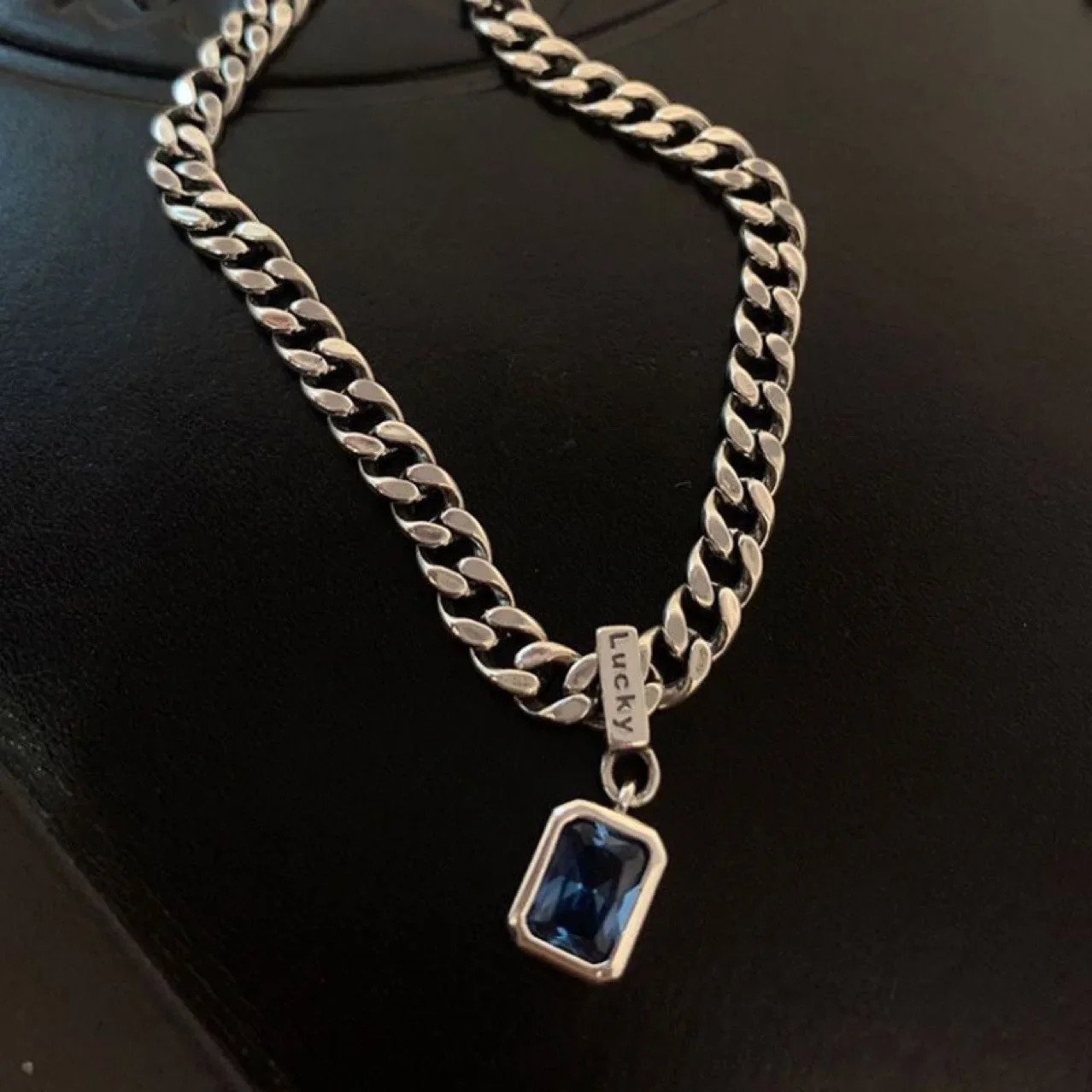 Sea Blue Zircon Pendant Necklaces for Men BoysStainless Steel Lucky Words Pendant CollarPunk Hiphop Jewelry Birthday Gift 251020