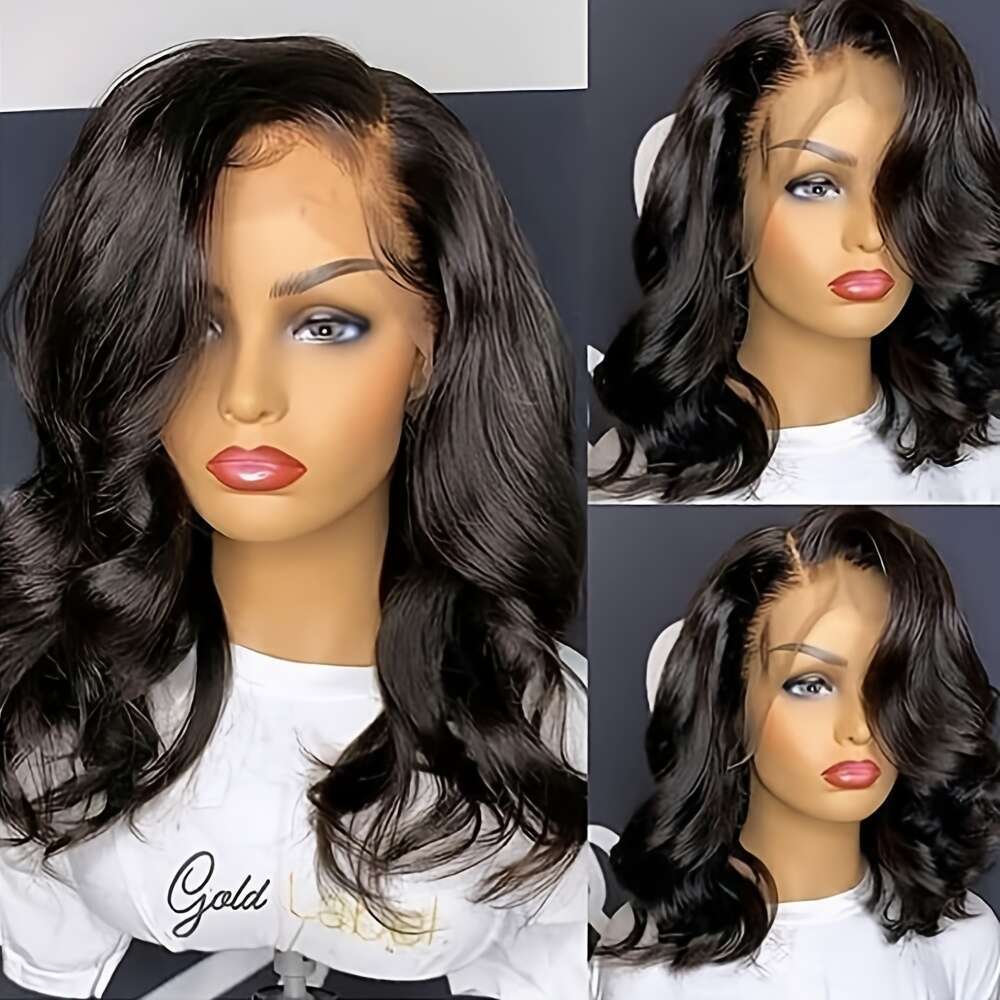 Short Wavy Bob Wigs Black Color Hair 13X4 Free Part 16 Inch Body Wave Synthetic Lace Front Wig Shoulder Length Glueless Pre Plucked For Women Daily Wo