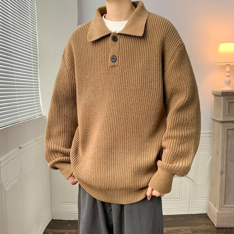 Lazy Style Polo Collar Sweater For Designer Sweater Men American Style Coffee Color High-end Oversize Knitted Innerwear