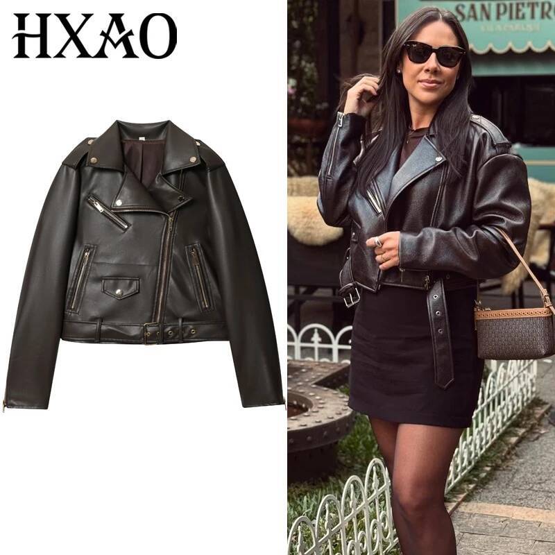 winter jacket women HXAO Brown Short Coat Faux Leather Women Women's Long Sleeve Top Motorcyclist Jacket