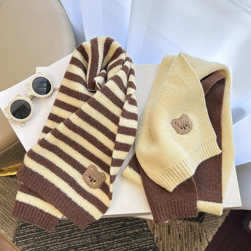Cute Plaid Striped Bear Kids Scarf Korean Knitted Winter Warm Scarves Children Girl Boys Outdoor Coldproof Neckcheif Shawl 251027