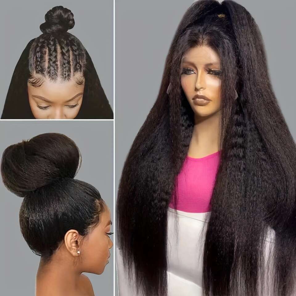 13X4 Wig 13X4 Lace Frontal Synthetic Wigs For Women Glueless, Preplucked, Bleach Knots, Long Yaki Kinky Straight Soft Hair | Black Color, Cosplay, Dai