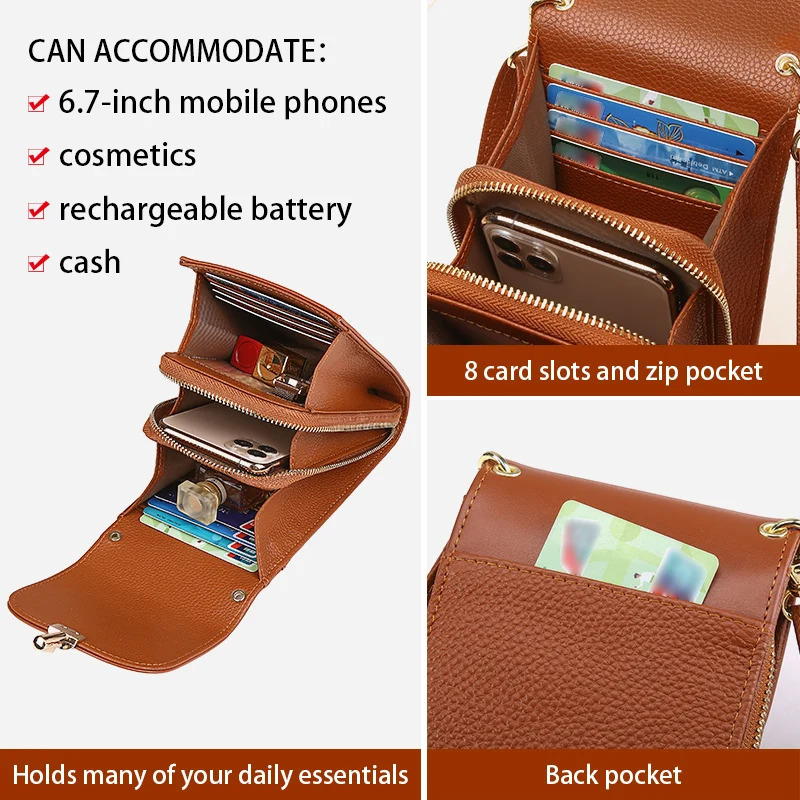 Genuine leather phone bag crossbody bag shoulder bag with 8 card slots ID evidence slot zipper pocket lychee patterned cowh 251027