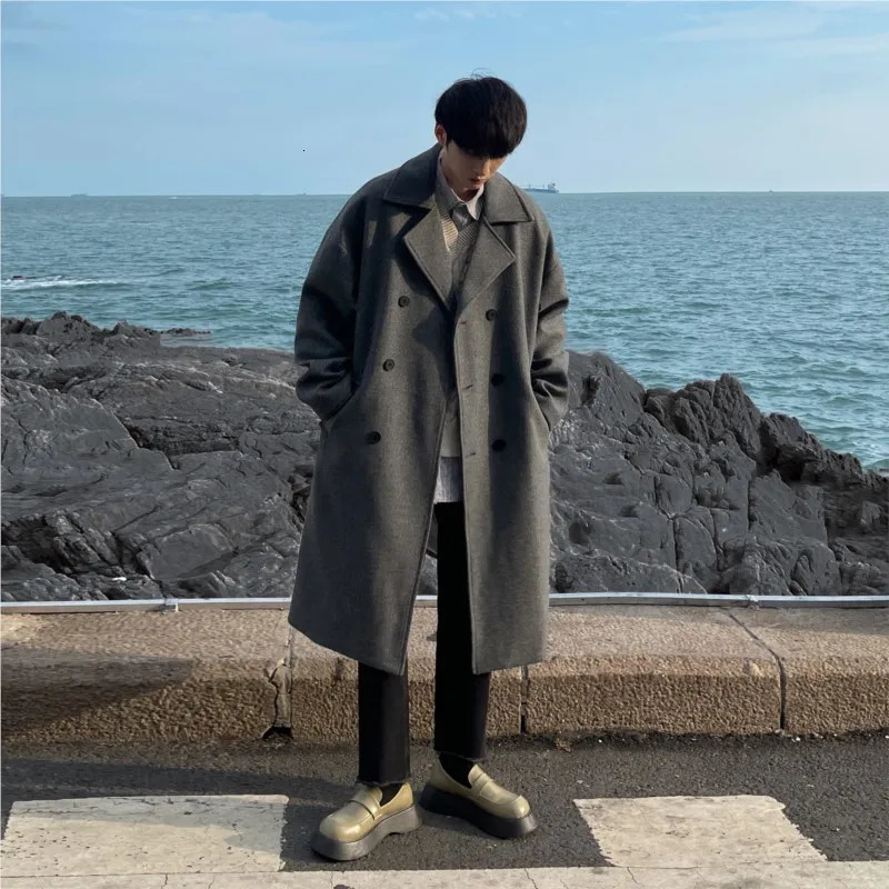 Long Dust Coat Men Winter Koreanstyle Trench Mens Solid Double Breasted Woolen Cloth Loose Casual Trenchcoat Outwear 251016