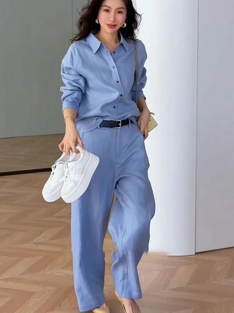 Summer Women Long Sleeve Shirt Wide Leg Pants Two Piece Set Office Lady Cotton Linen Work Outfits Comfortable Matching Suit Sets 251027
