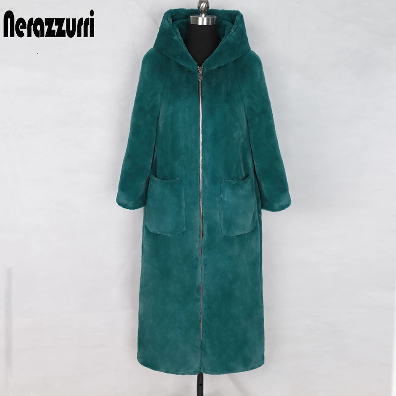 Nerazzurri Winter Long faux fur coat with Hood Sleeve Zipper Black Furry Rabbit Fur Outwear Plus Size Korean Fashion 251027
