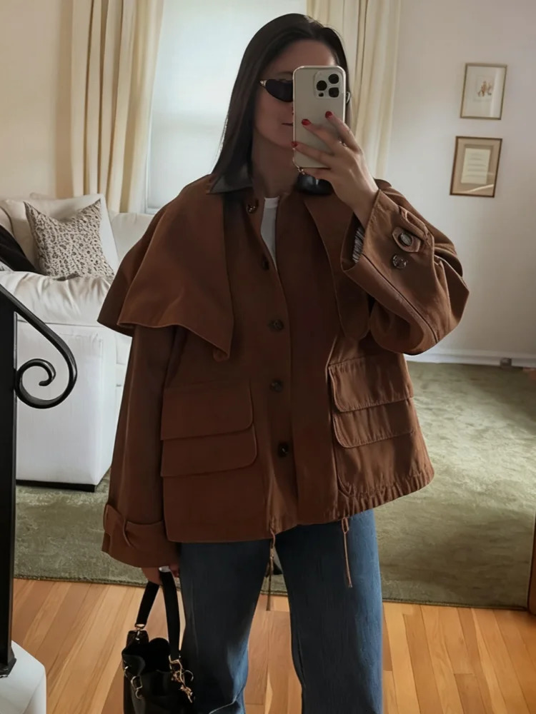 Cape Layered Button Front Women Jacket Lapel Pocketed Drop Shoulder Autumn Causal Coat Elegant Chic Office Lady Outerwear 251027