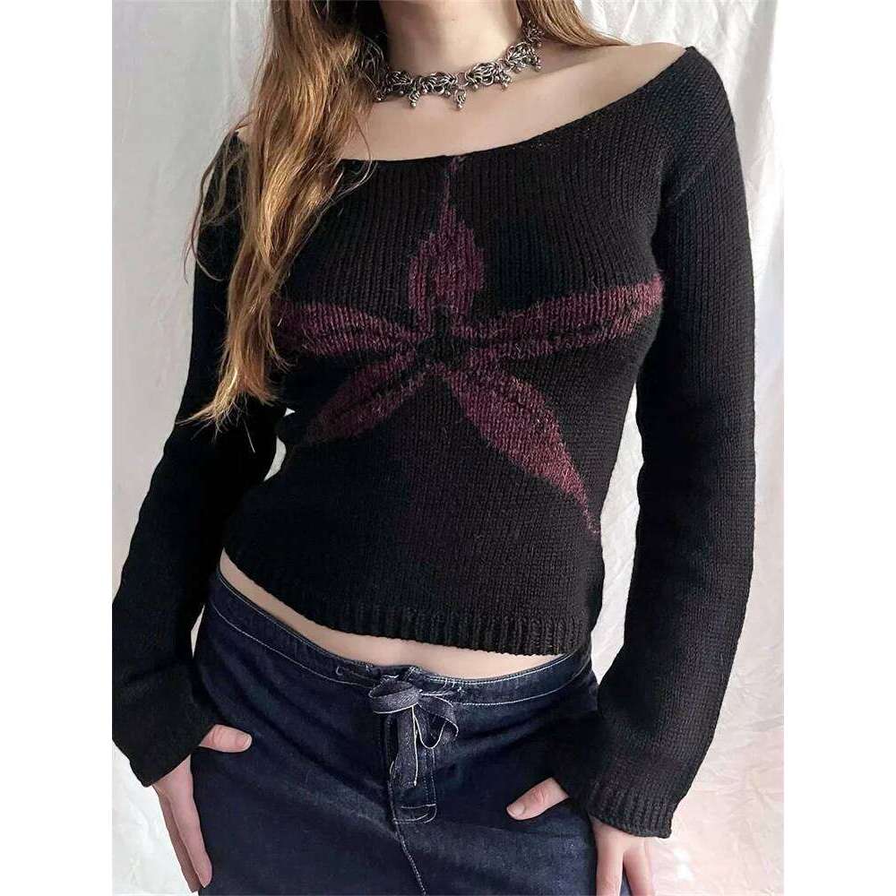 Women's Knit Tops Off Shoulder Slim Sweater Graphic Print Long Sleeve Knitwear Spring Fall Y2k Aesthetic Streetwear Women Sweater Designer Sweate