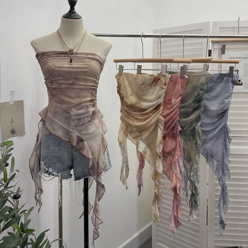 Womens Tie Dye Ruffled Ribbon Mesh Tube Top Irregular Mesh Sleeveless Tube Top Sexy Backless Vest Party Leisure Essential 9956 251027