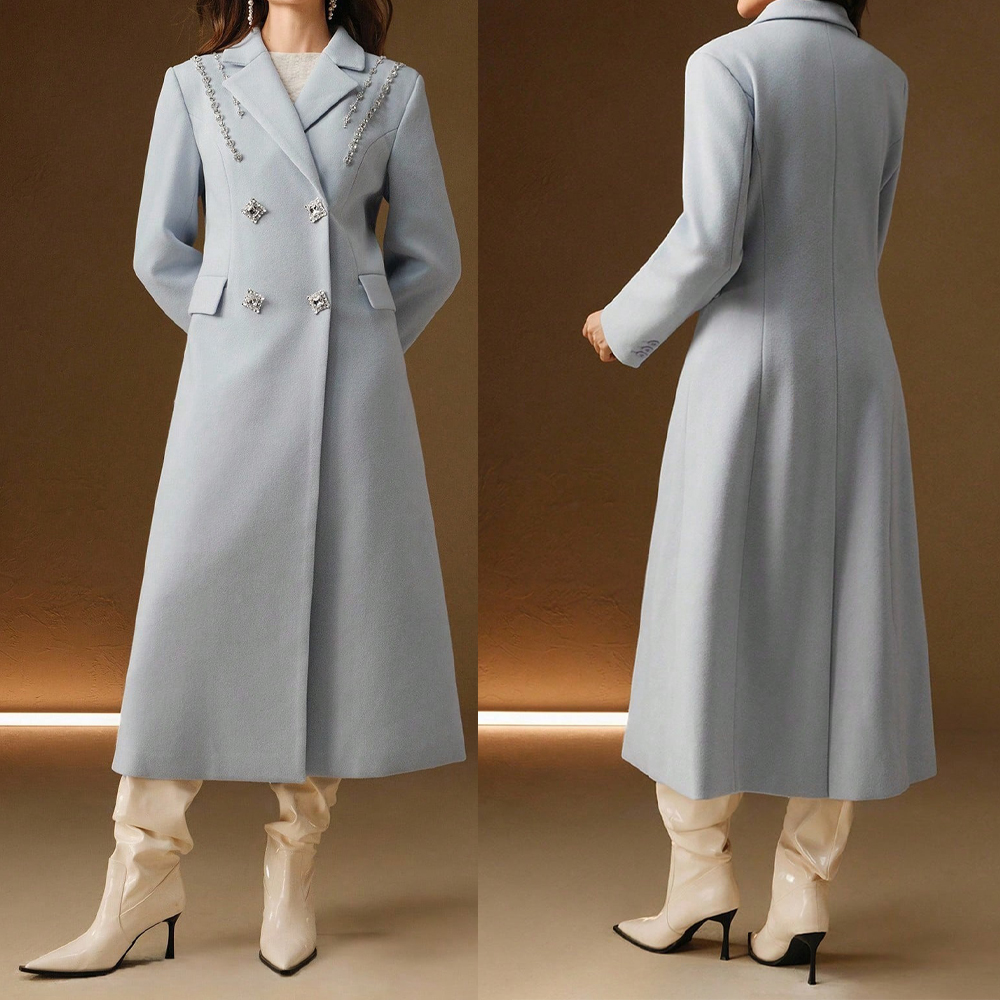 Elegant Crystal Long Coat For Women Warm Notched Lapel Double Breasted Jacket Only Blazer Custom Made