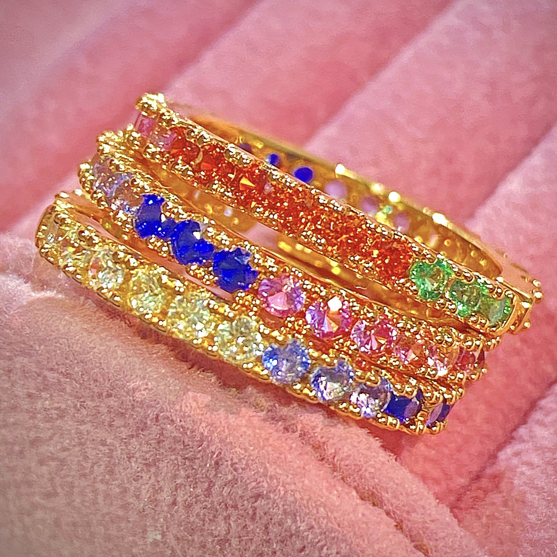 TaiYang New Candy Color Rainbow Ring, 18K Gold Plated Copper Eternity Band with Sapphire & Tsavorite Gemstones For Women