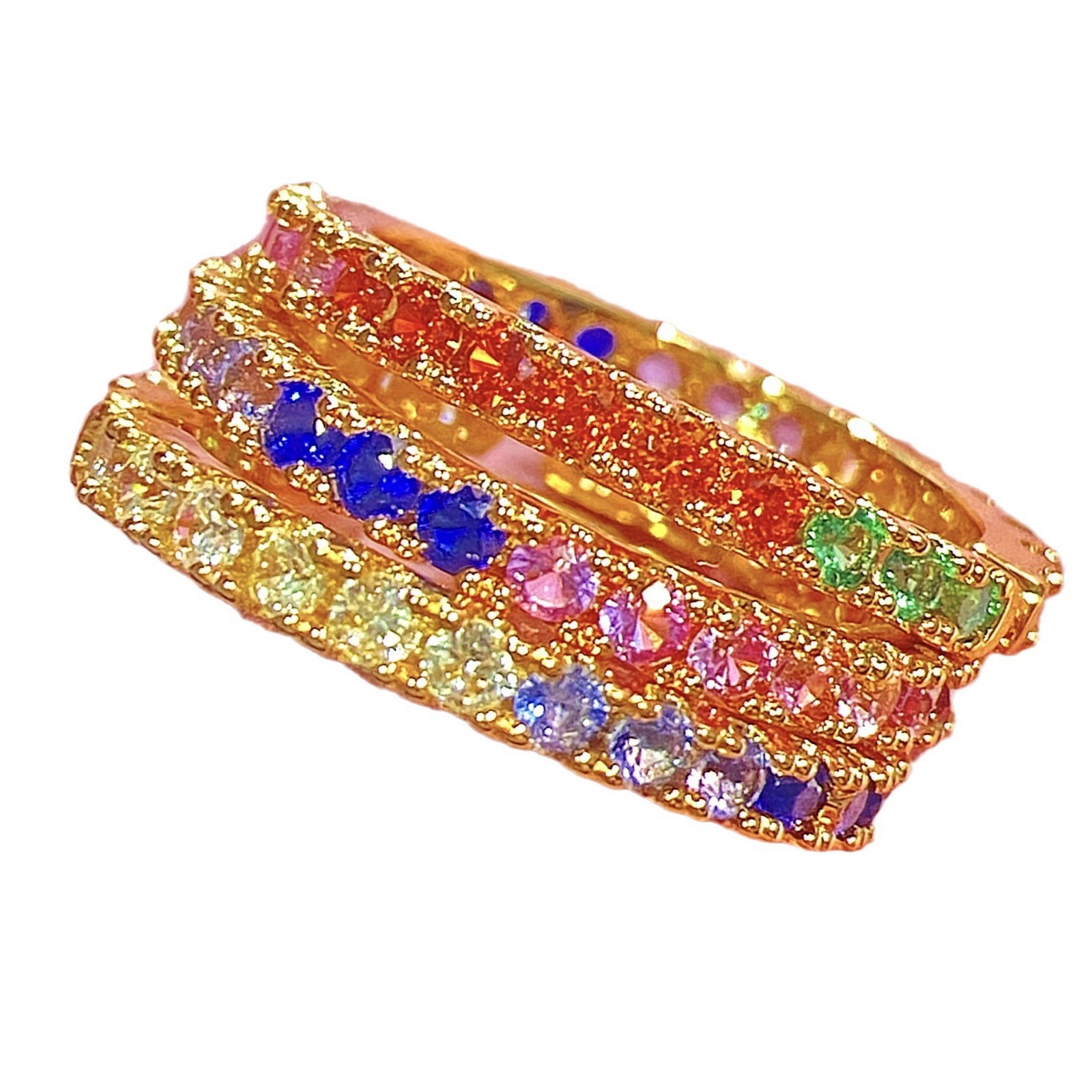 TaiYang New Candy Color Rainbow Ring, 18K Gold Plated Copper Eternity Band with Sapphire & Tsavorite Gemstones For Women