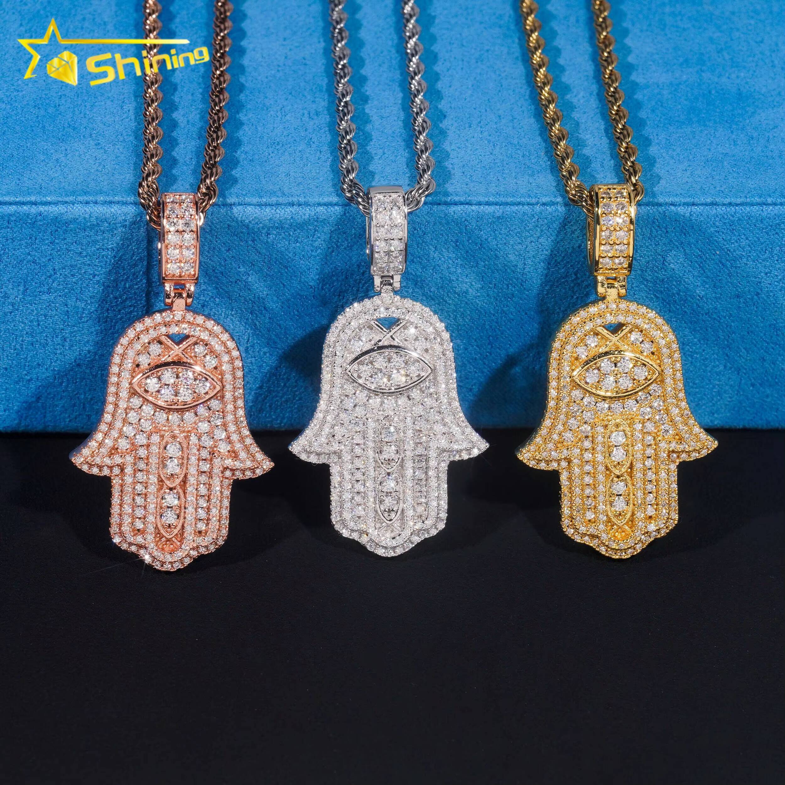 Silver 925 Pendants VVS Moissanite Diamond Mossanite Hip Hop Fine Jewelry Iced Out Diamond Moissanite Hamsa Hand Pendant
