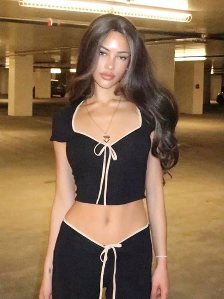 Y2k Summer Crop Top Bow Baby Tees Womens Clothes Chic Cute Low Cut Short Sleeve T Shirts Black 251027