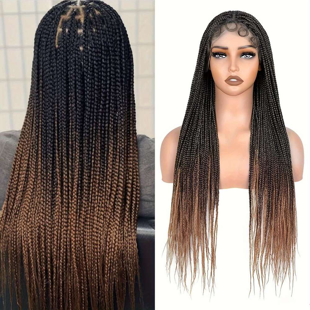 QUEENTAS 360° HD Front Braided - Knotless Box Braid Wig With Light Brown & Blonde Highlights, 28 Inch Full Lace Front, Density, Natural Look For Women