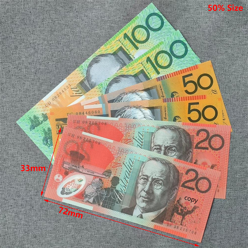 5A+ Ultra-thin Polymer Prop Money AUS Dollar Party Supplies Fake Money AUD For Movie Novelty Toys 20 50 100 Copy Australian Dollar Child Teaching 72*33mm 50% Size