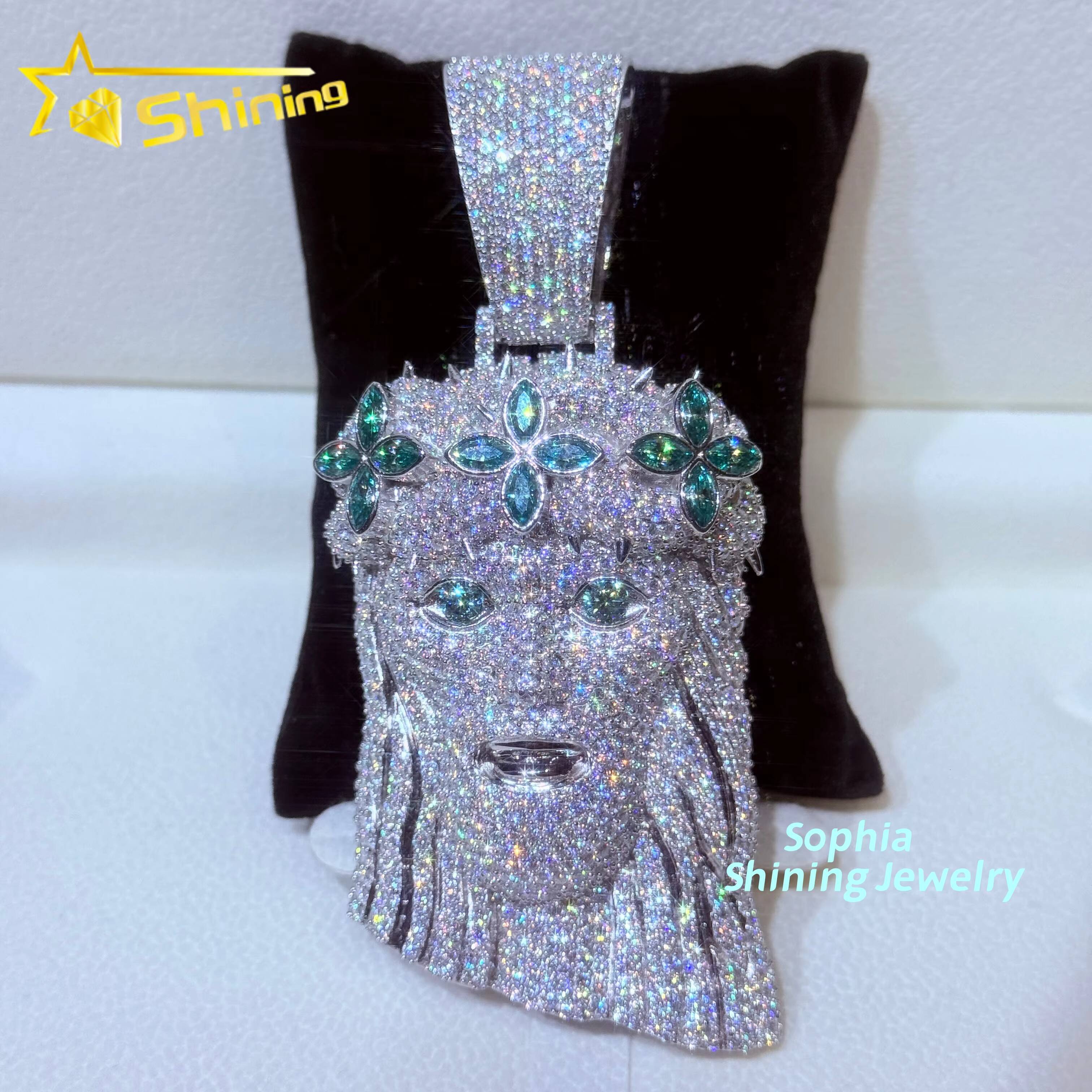 Hot Sale Personalized 3D Design Hip Hop Jewelry Men Iced Out Soild Back Pendant Colored Stone Moissanite Jesus Pendant