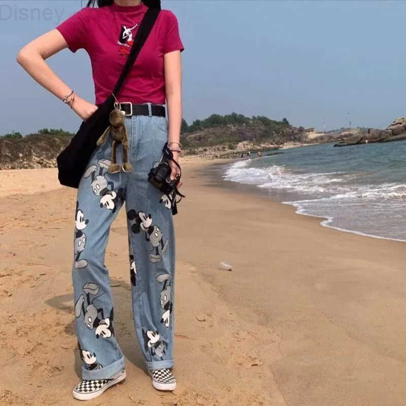 Disney Mickey Cute Print Light Blue Jeans Loose High Waist Straight Tube Wide Leg Pants Korean Style College Style Casual Jeans H251027