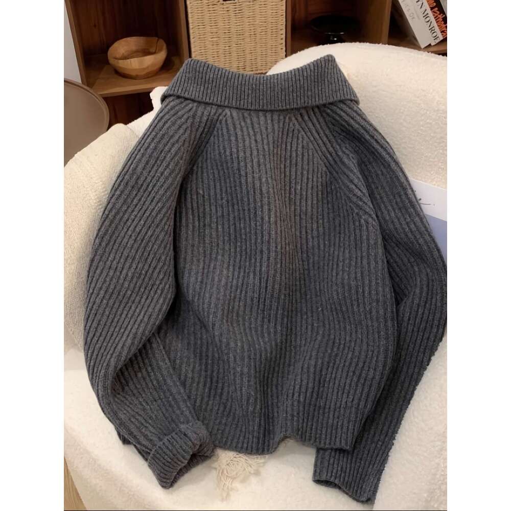 Women's Elegant Gray Cardigan - Soft Long Sleeve Open Front Sweater With Zipper Closure, Loose Fit Fall Winter Coat For Everyday & Formal Outfits