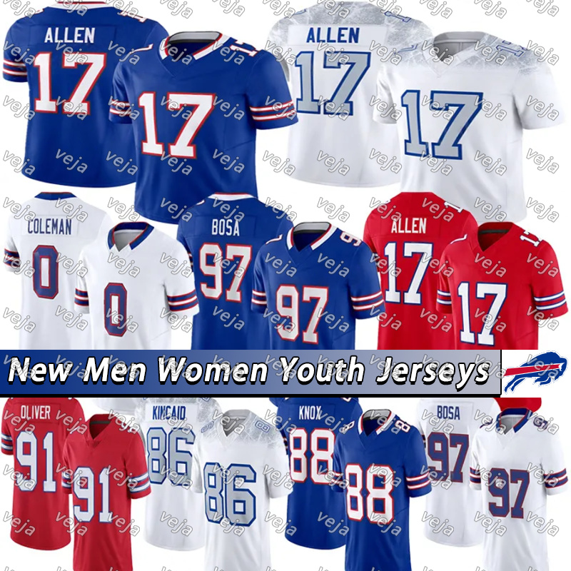 #17 Josh Allen Football Jersey #97 Joey Bosa Keon Coleman Dalton Kincaid Ed Oliver Dawson Knox Greg Rousseau Cook Cole Bishop Khalil Shakir Maxwell Hairston jerseys