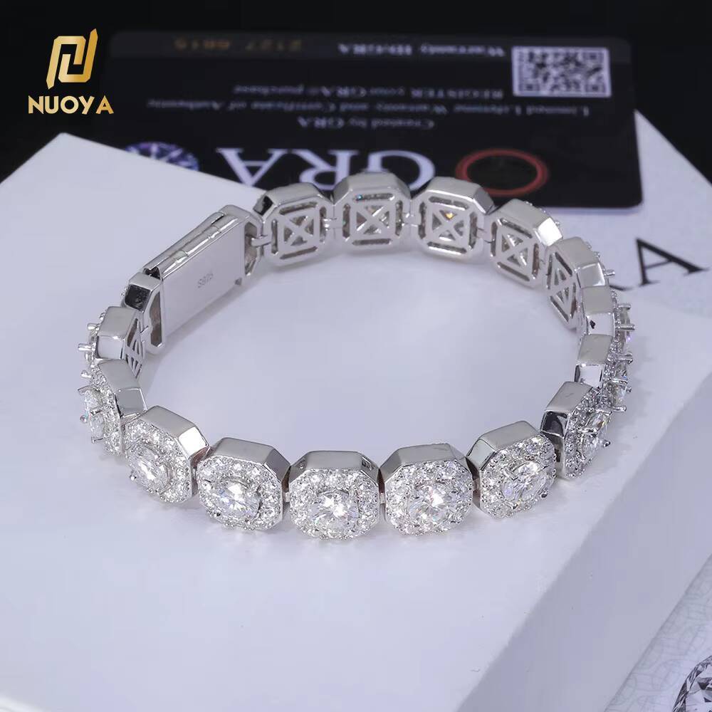 NUOYA 10mm 12mm Iced Out VVS Moissanite Tennis Chain 925 Sterling Silver Clustered Tennis Chain Hip Hop Necklace for Men Women