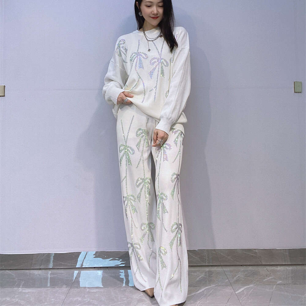 2025 Autumn New Fashion Rhinestone Knitted Two-Piece Set Loose Women's Top Casual Wide-Leg Pants Ladies Long Pants Suit