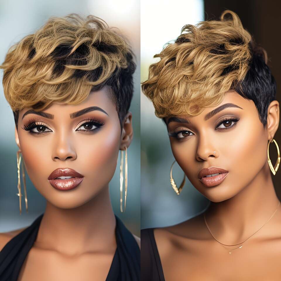 Women's Remy Peruvian Human Hair Wig With Bangs - Layered Short Straight Pixie Cut, Natural Brown Balayage Highlights 1B/30#, Density Full Head