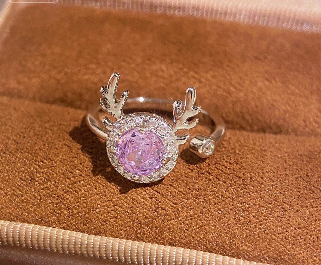 TaiYang New Millennium Rose Cut Reindeer Ring, Octagonal Aqua High-Carbon Zirconia Antler Design in Gold Plated Copper For Women