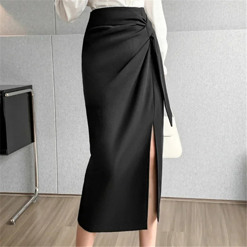 Seoulish Retro High Waist Mid Length Pencil Skirts for Women Autumn Office Lady Solid Color Wrapped Womens 251027