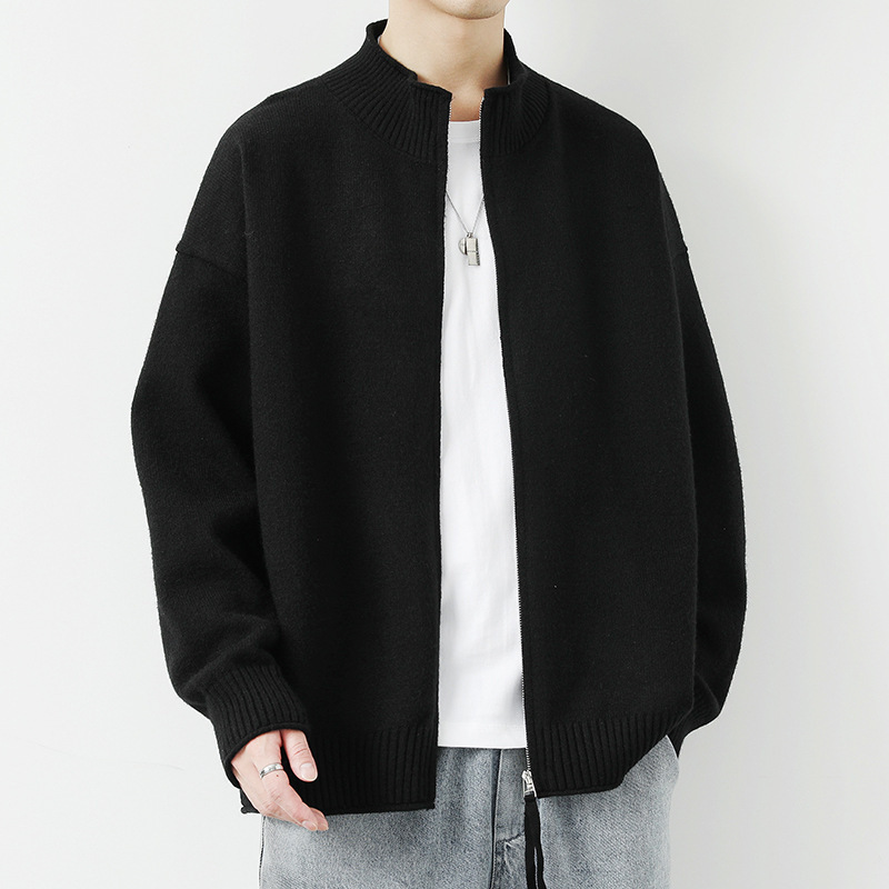 Autumn Winter New Stand Collar Cardigan Men Solid Color Thickened Designer Sweater Warm Long Sleeve Trendy Casual Lazy Style Knitted Men Sweater