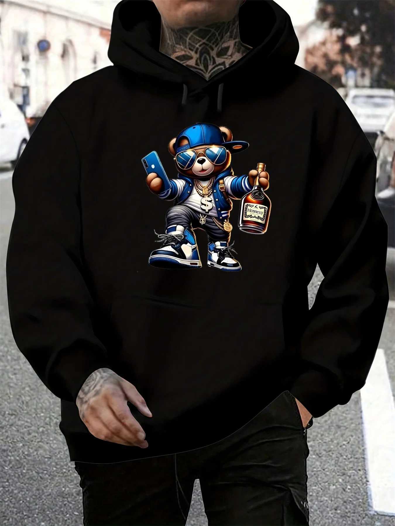 Mens autumn and winter casual fashionable loose hooded sweatshirt with cool bear pattern printed long sleeved warm pullover W251027