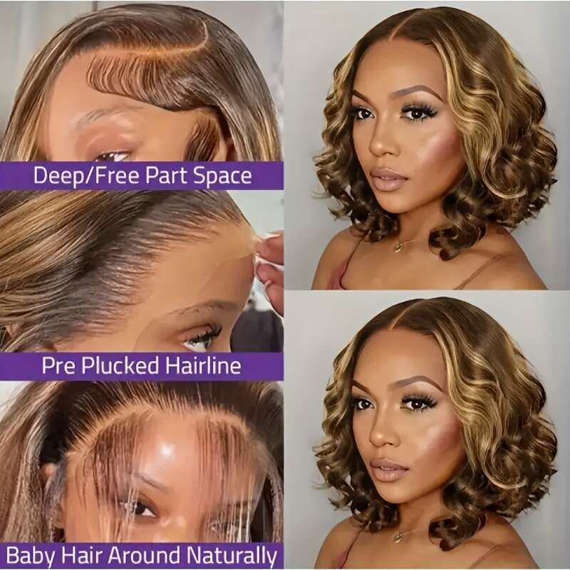 Women's Honey Ombre Bob Natural Roots Ends, Brazilian Human Hair Lace Wig With Pre-Plucked Front Baby Hair, 13X4 HD Density, Gradient, Loose Wave