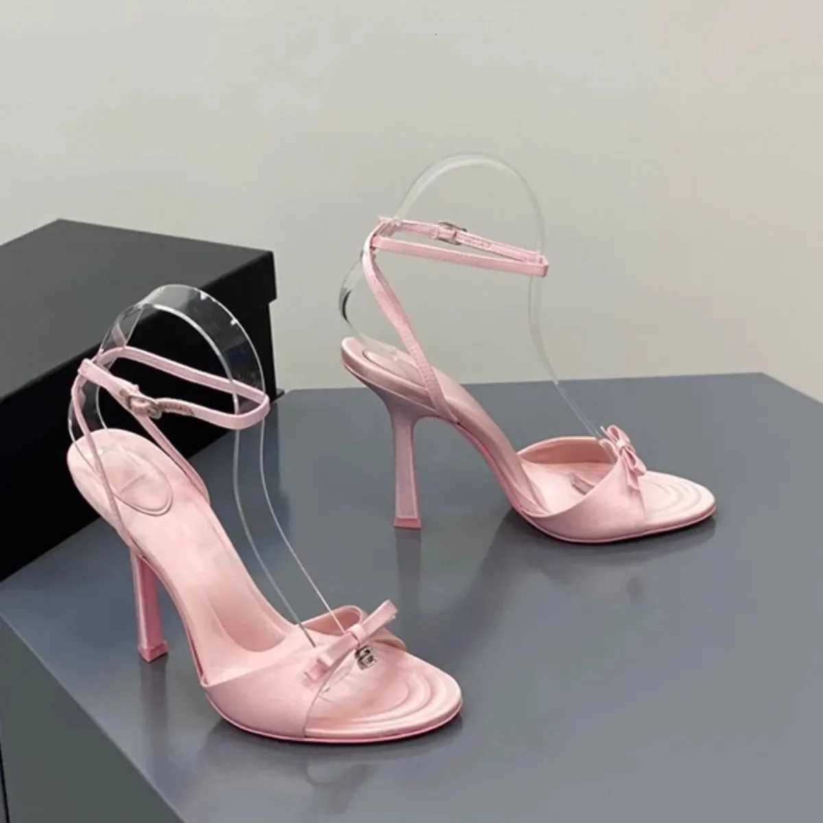 Elegant Satin Butterfly Knot High Heels Womens Sexy Diamd Letter Thin Heel Open Toe Sandals Rubber Sole round Toe MicrofiberXJ251027