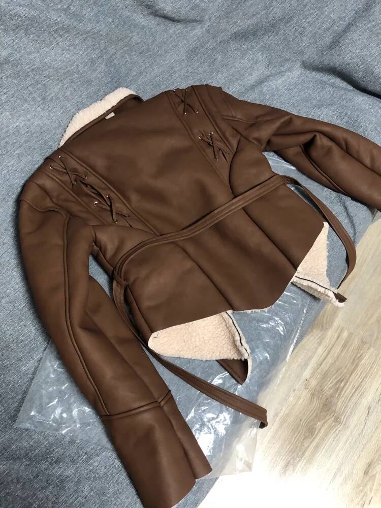 winter jacket women Leather Women's With Belt Fur Coat Streetwear Fashion Solid Outwear Woman Elegant Jackets Chaqueta De Cuero Para Mujer