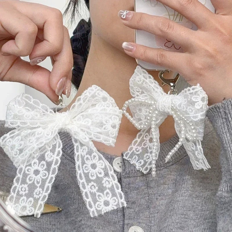 Korean Cute Lace Bow Pearl Beaded Phone Pendant Chain Accessories Aesthetic Ballet Shoes Camera Bag Decoration Keychain Gift 251021