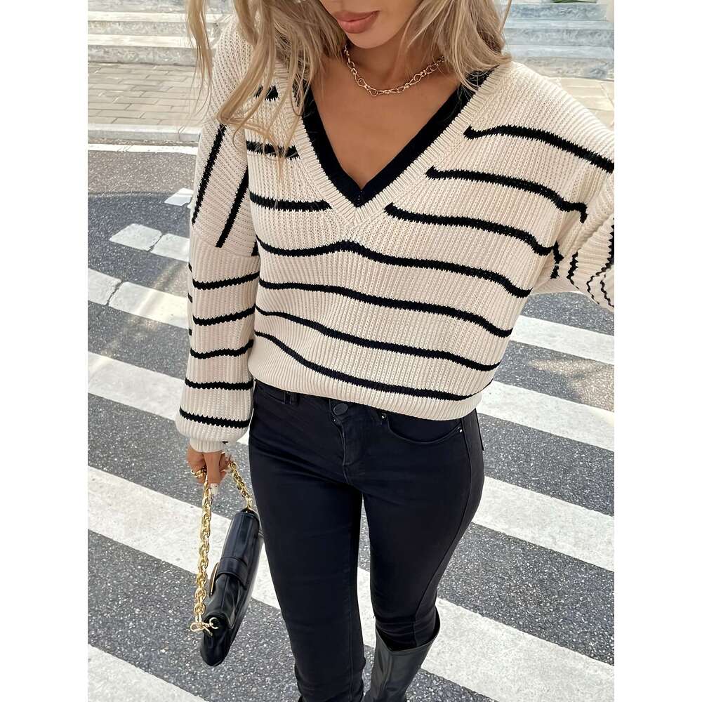 Elegant French-Inspired Elegant French-Inspired Women's V-Neck Sweater Striped Tie-Back Pullover Long Sleeve Button-Up Front Loose Fit Casual Win