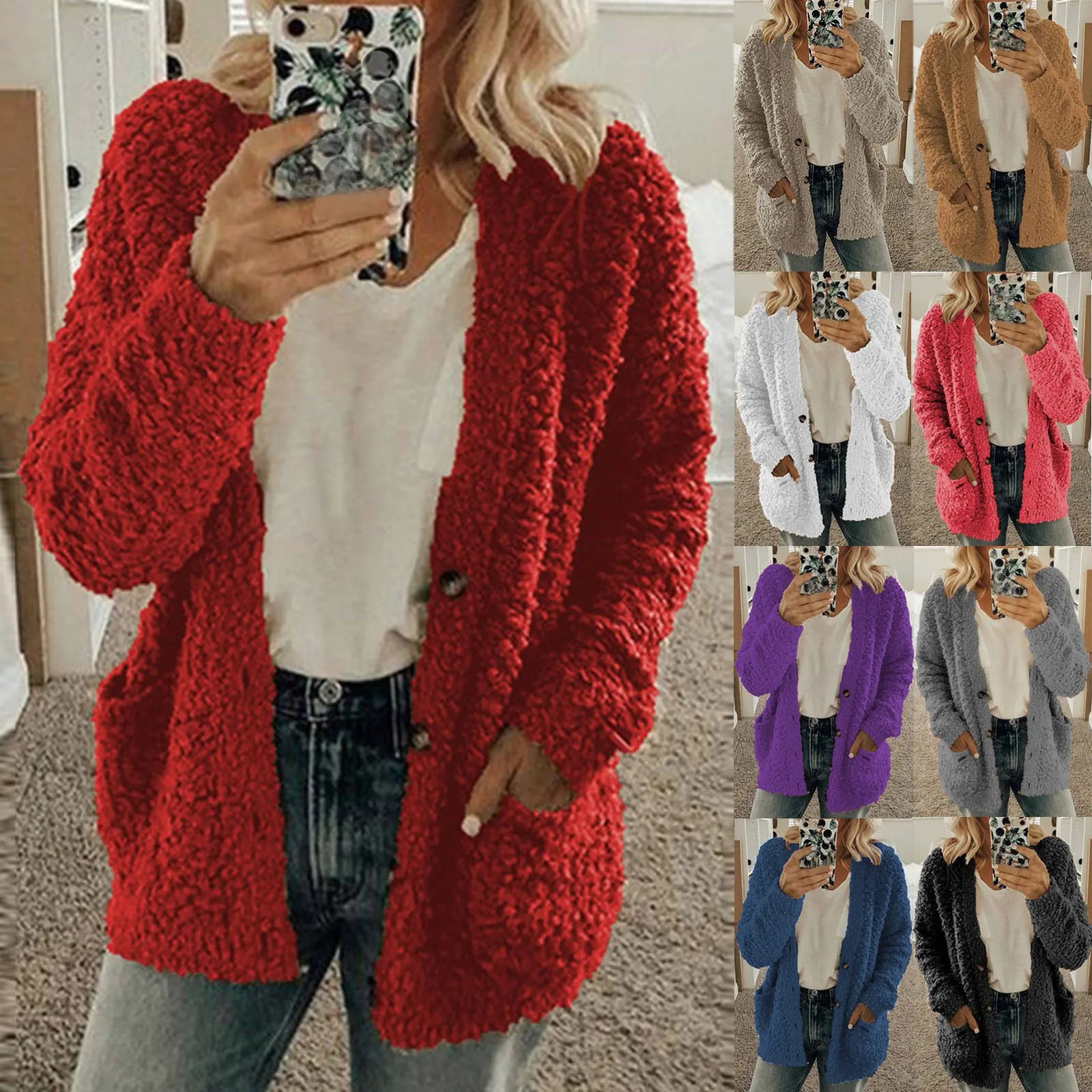 Women Casual Plus Size Plush Sweater Pockets Outerwear Buttons Cardigan Coat Abrigos Mujer Invierno Chamarras Para 251027