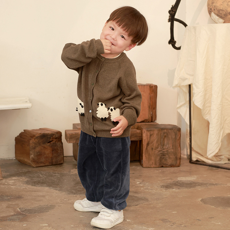 New autumn and winter children's cardigan wool sweater with animal embroidery top for boys and girls
