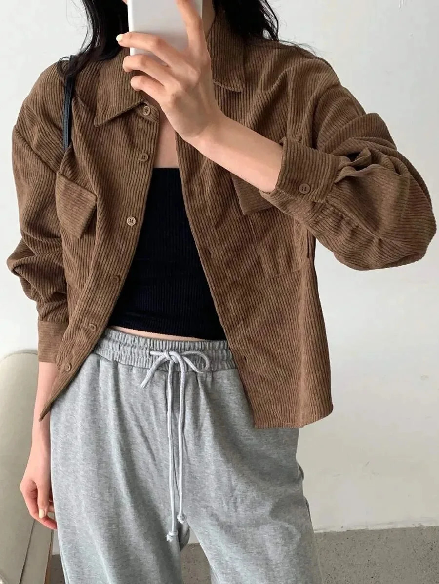 Fashionable plus Size Ladies Casual Jacket European Style Corduroy Solid Color Outdoor Versatile No Ironing EcoFriendly Materia 251027